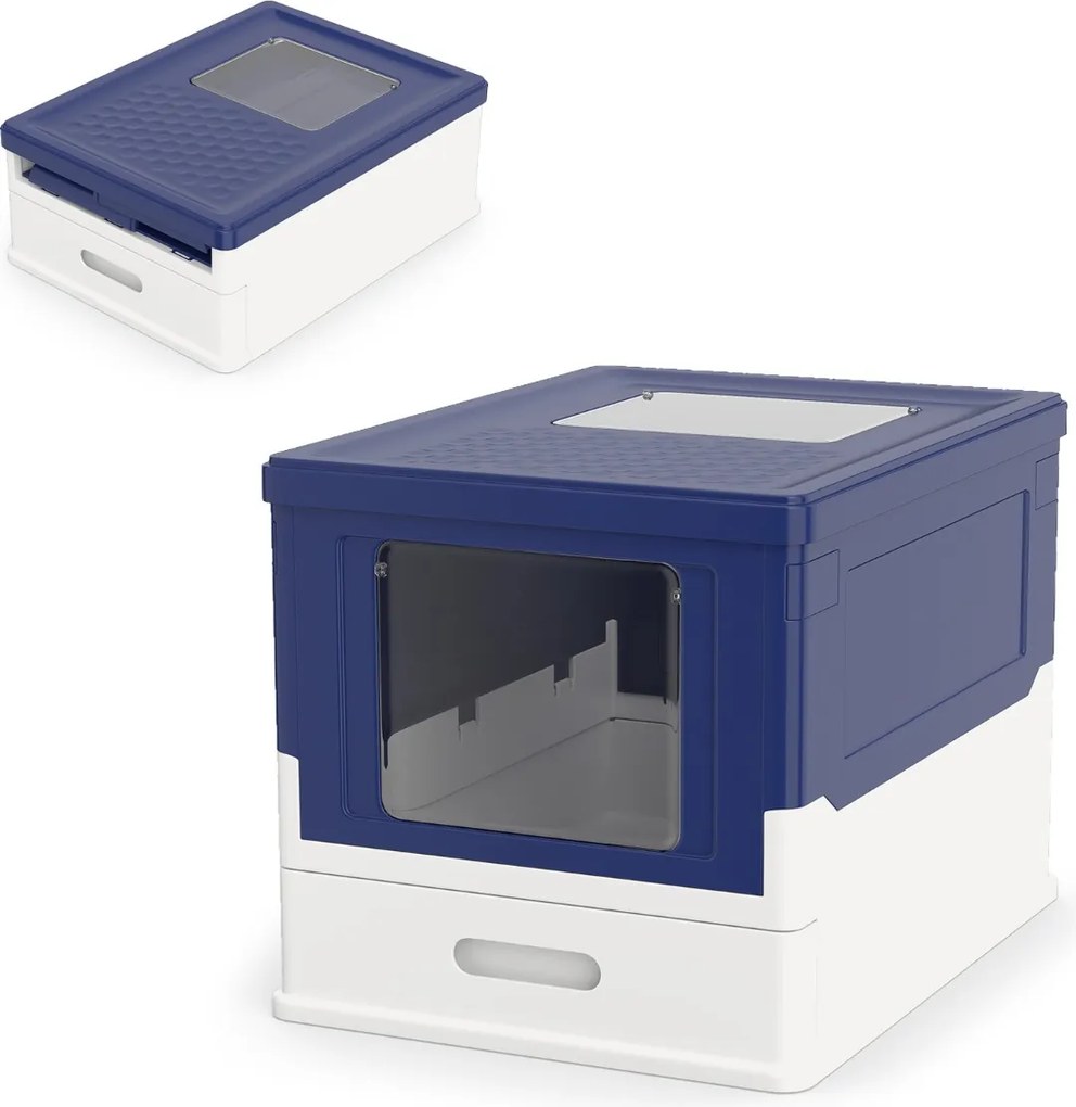 Caixa de areia dobrável 50 x 37,5 x 36,5 cm com tampa fechada, entrada frontal e saída rebatível, bandeja portátil para gatos até 10 kg Azul Marinho