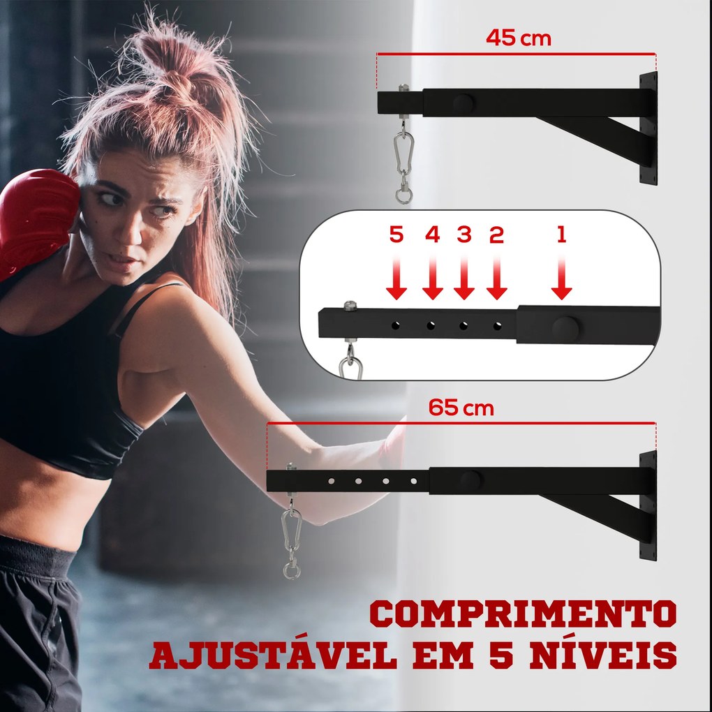 Suporte para Saco de Boxe (NÃO INCLUIDO) de Parede com Distância Ajustável de 45-65 cm Gancho Giratório de 360° e Correntes Preto