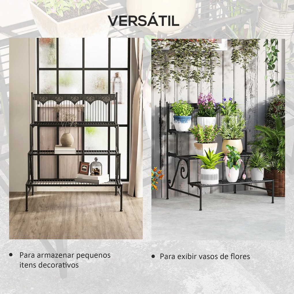 Suporte para Plantas de 3 Níveis com Desenho em Escada Suporte para Vasos de Plantas para Interior e Exterior 73x66x85 cm Preto