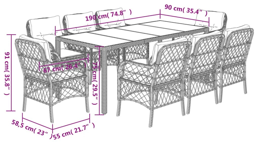 9 pcs conjunto de jantar p/ jardim c/ almofadões vime PE preto