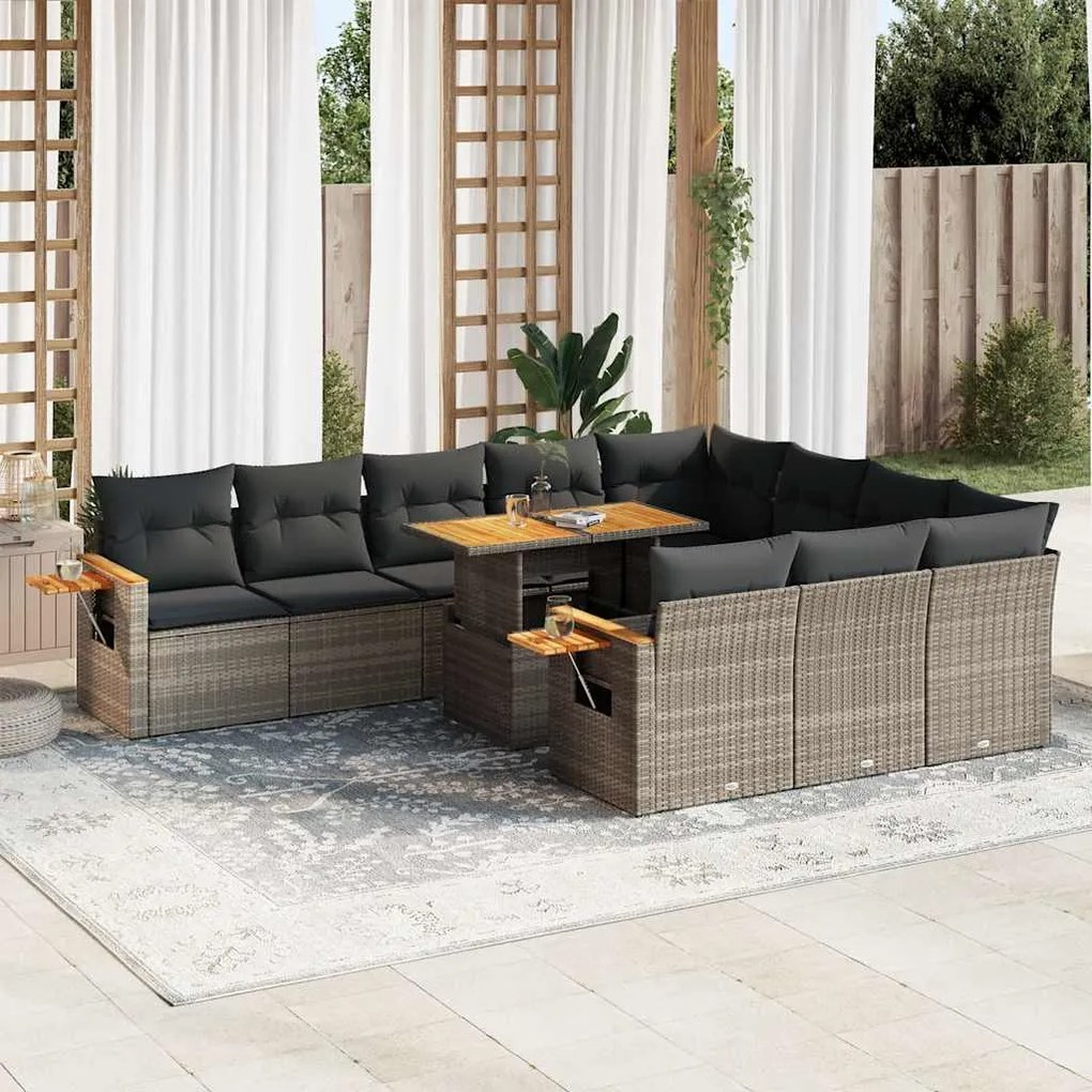 11 pcs conjunto sofás de jardim c/ almofadões vime PE/acácia