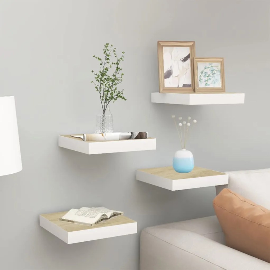 326569 vidaXL Prateleiras de parede 4 pcs 23x23,5x3,8cm MDF carvalho e branco