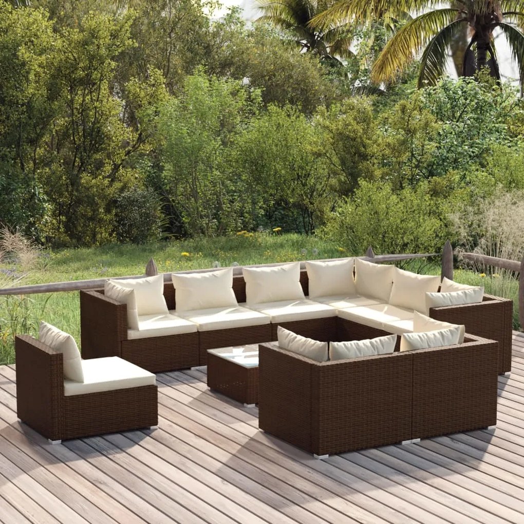 vidaXL 10 pcs conjunto lounge de jardim c/ almofadões vime PE castanho