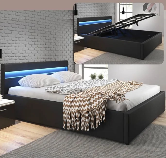 Cama Hidráulica com Arrumação "Adal" - Preto - 150x190cm - Design Mode