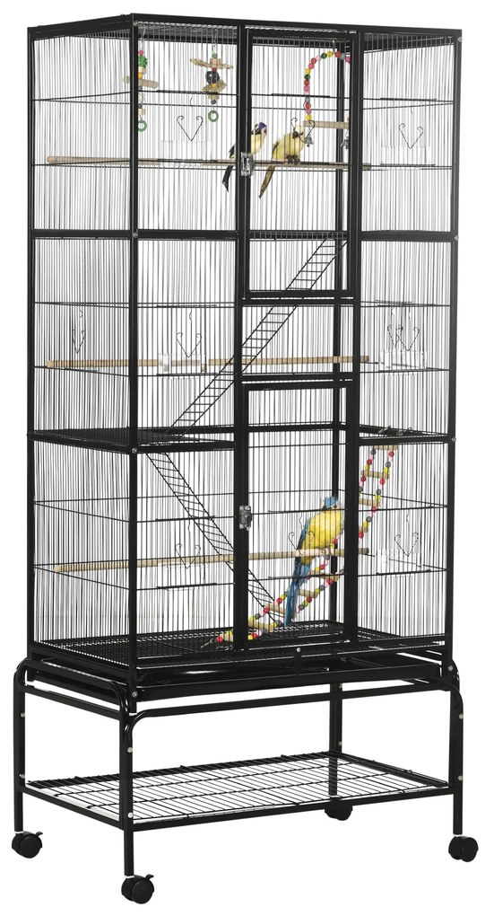PawHut Gaiola para Pássaros com Rodas de 3 Níveis com 3 Poleiros Comedouros Brinquedos Rampas e Prateleira 83x53x180 cm Preto | Aosom Portugal