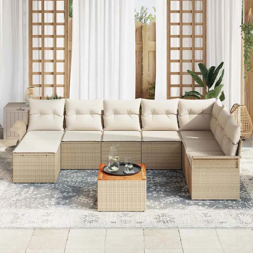 Conjunto de Sofá de Jardim 9 Peças com Almofadas Beje, Rattan Sintétic