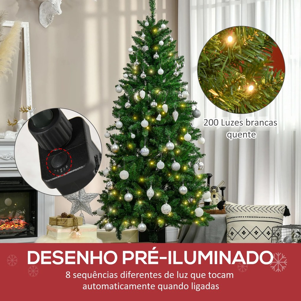 Árvore de Natal Artificial Altura 180cm Ignífugo com 714 Ramos 200 Luzes LED IPX2 8 Modos Folhas de PVC Base Dobrável e Suporte Metálico Decoração de