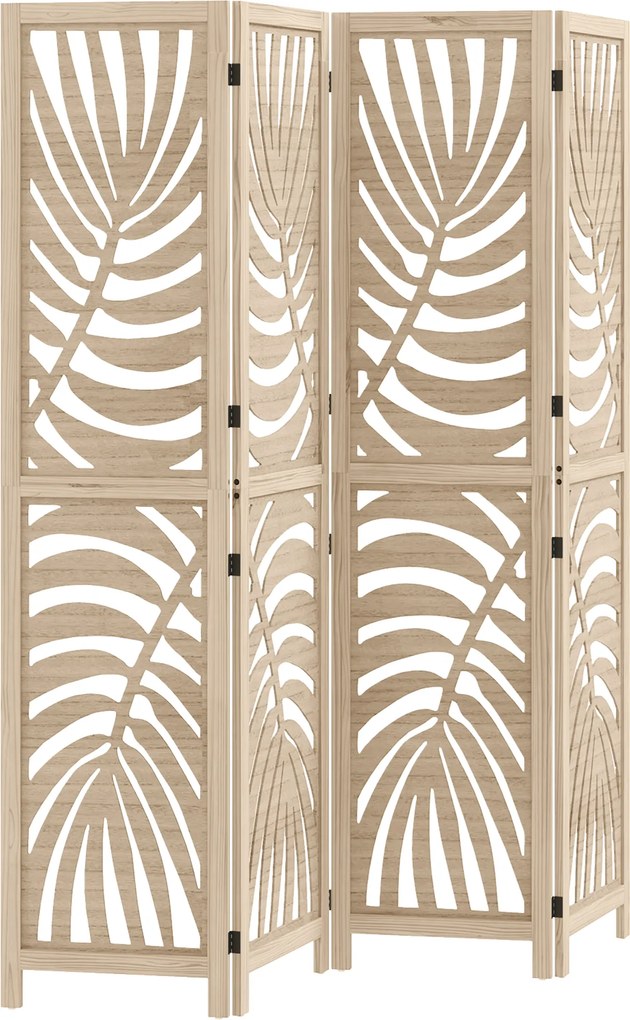 HOMCOM Biombo Interior em Madeira 4 Painéis 160x170 cm Dobrável e Portátil Padrão de Folha Design Removível Madeira Natural | Aosom Portugal