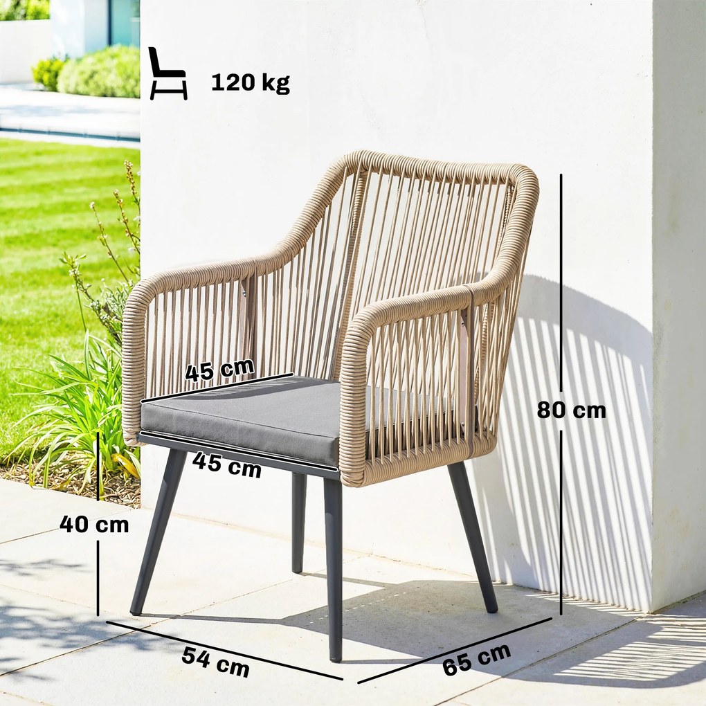 Conjunto de 2 Cadeiras de Jardim Exterior em Vime (MESA NÃO INCLUIDA) com Almofadas Apoios de Braço e Estrutura de Aço 54x65x80 cm Cinza