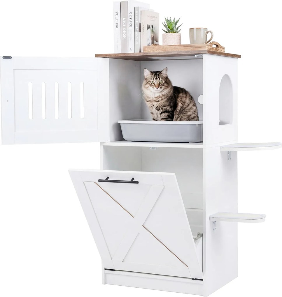 Armário com caixa de areia para gatos (NÃO INCLUIDA) 84 x 45 x 115 cm, com porta basculante, 2 plataformas, almofadas, arranhadores de sisal, casa de