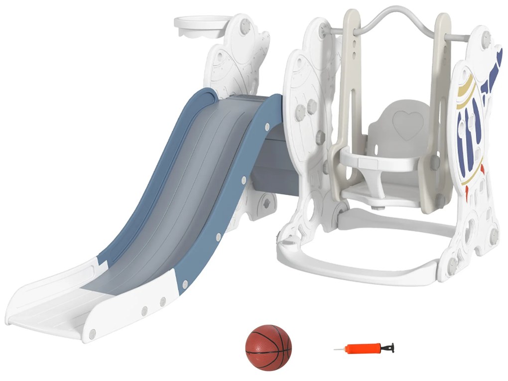 AIYAPLAY Conjunto de Escorregador e Baloiço para Crianças 3 em 1 para 18-48 Meses Cesto de Basquetebol 150x185x92 cm Branco e Azul | Aosom Portugal