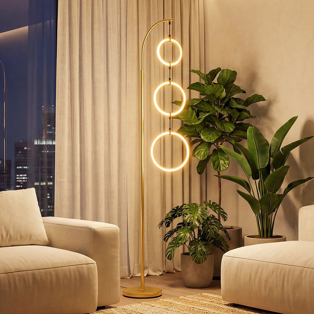 Candeeiro de pé LED de 180 cm com 3 anéis, 3 temperaturas de cor, intensidade ajustável e interruptor, com base pesada, para sala, quarto e escritório