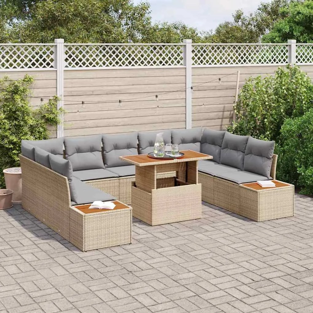 Conjunto de Jantar pra Jardim com 10 Peças e Almofadas Bege em Rattan