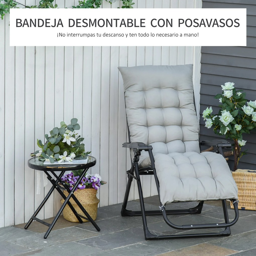 Outsunny Cadeira reclinável dobrável com almofada removível acolchoado de textilene Porta-copos para pátio jardim praia Carga 150 kg 90x65x110 cm Cinza