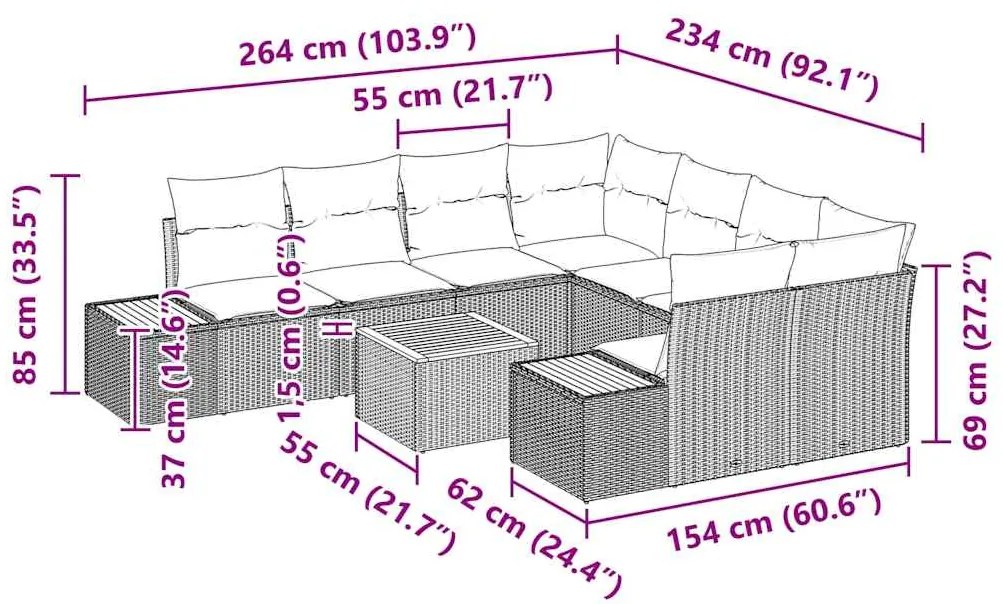 Conjunto de Sofá de Jardim com 9 Peças e Almofadas Pretas em Rattan Si