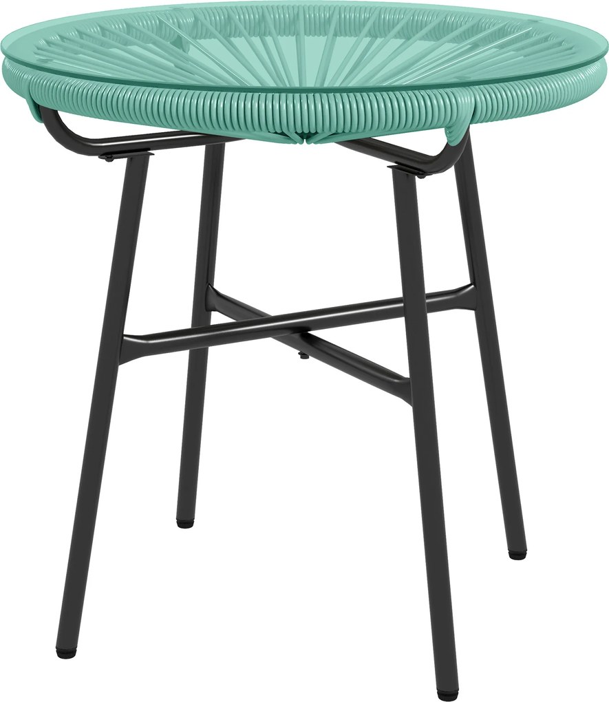Mesa de centro redonda de jardim Ø 50 x 50 cm (altura) em resina com acabamento em rattan e metal e tampo em vidro temperado, preta e verde