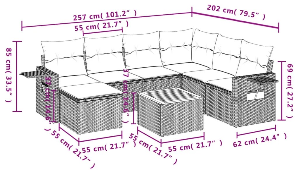 8 pcs conjunto sofás de jardim com almofadões vime PE preto
