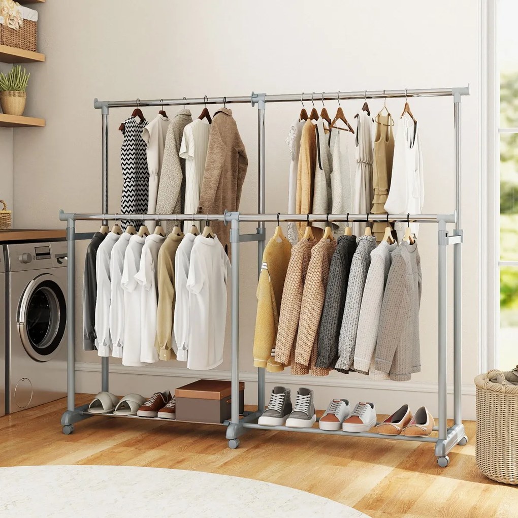 Cabideiro Duplo com Rodas, Altura Ajustável e Largura Extensível, Metal Resistente para closet, Lavandaria ou Sala 140-195 cm Cinza
