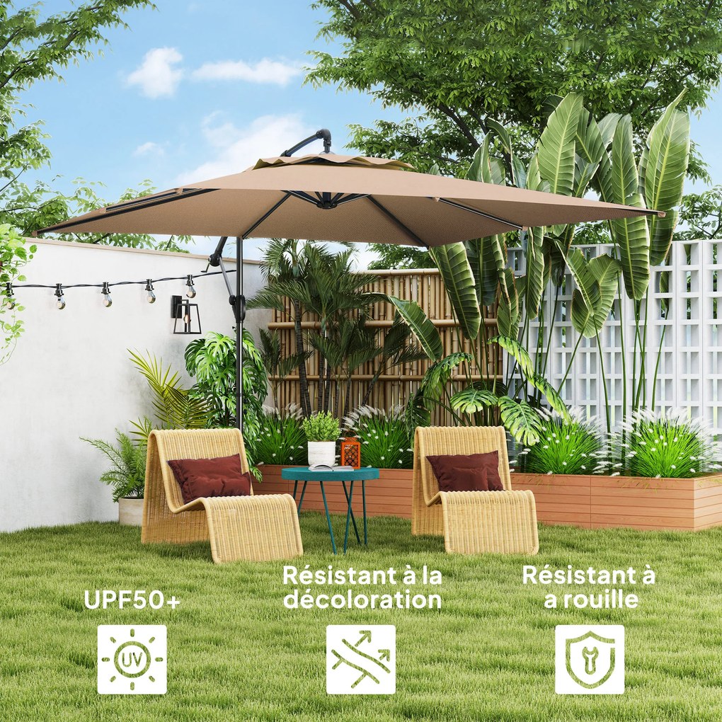 Guarda-sol de 3 x 3 m com manivela, base em cruz, inclinação e rotação de 360°, lona de 180 g/m² em tom cáqui