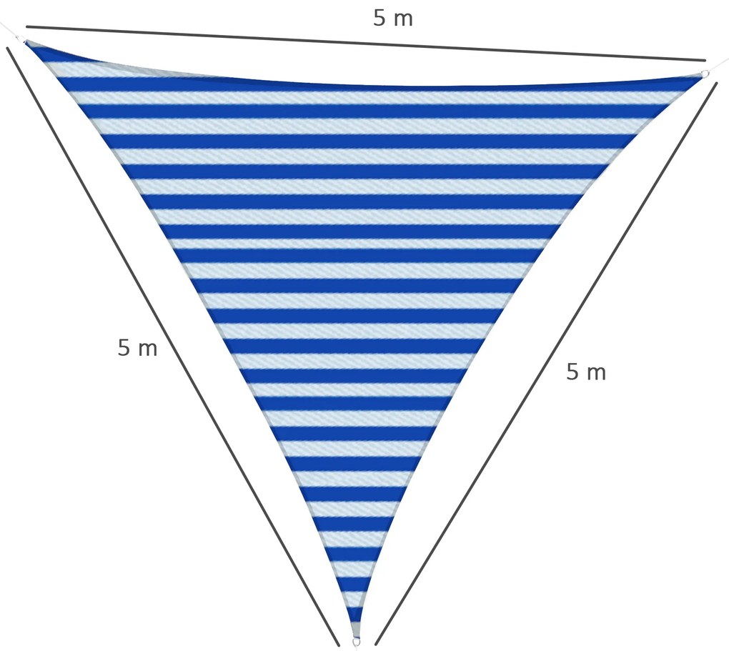 Toldo de vela de sombra triangular 5x5x5 m HDPE Proteção UV com anéis e cordas para jardim pátio piscina terraço azul e branco