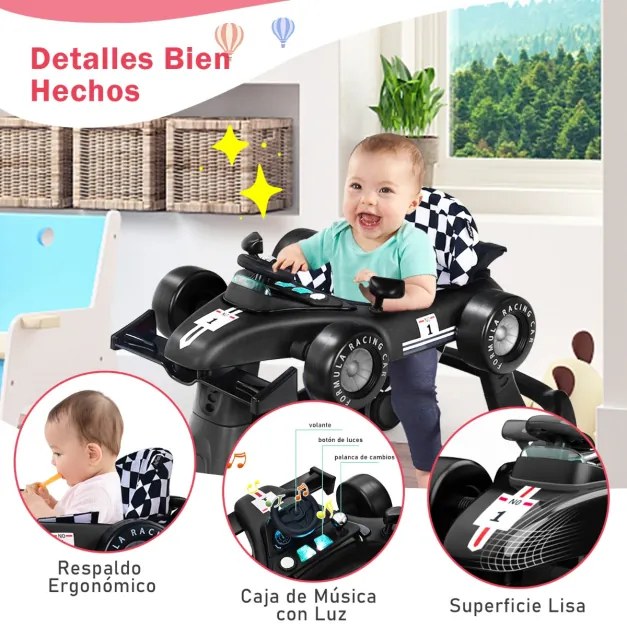 Andador 4 em 1 para crianças, dobrável, atividade de empurrar, com altura ajustável e carrilhão de velocidade com luzes, volante Preto