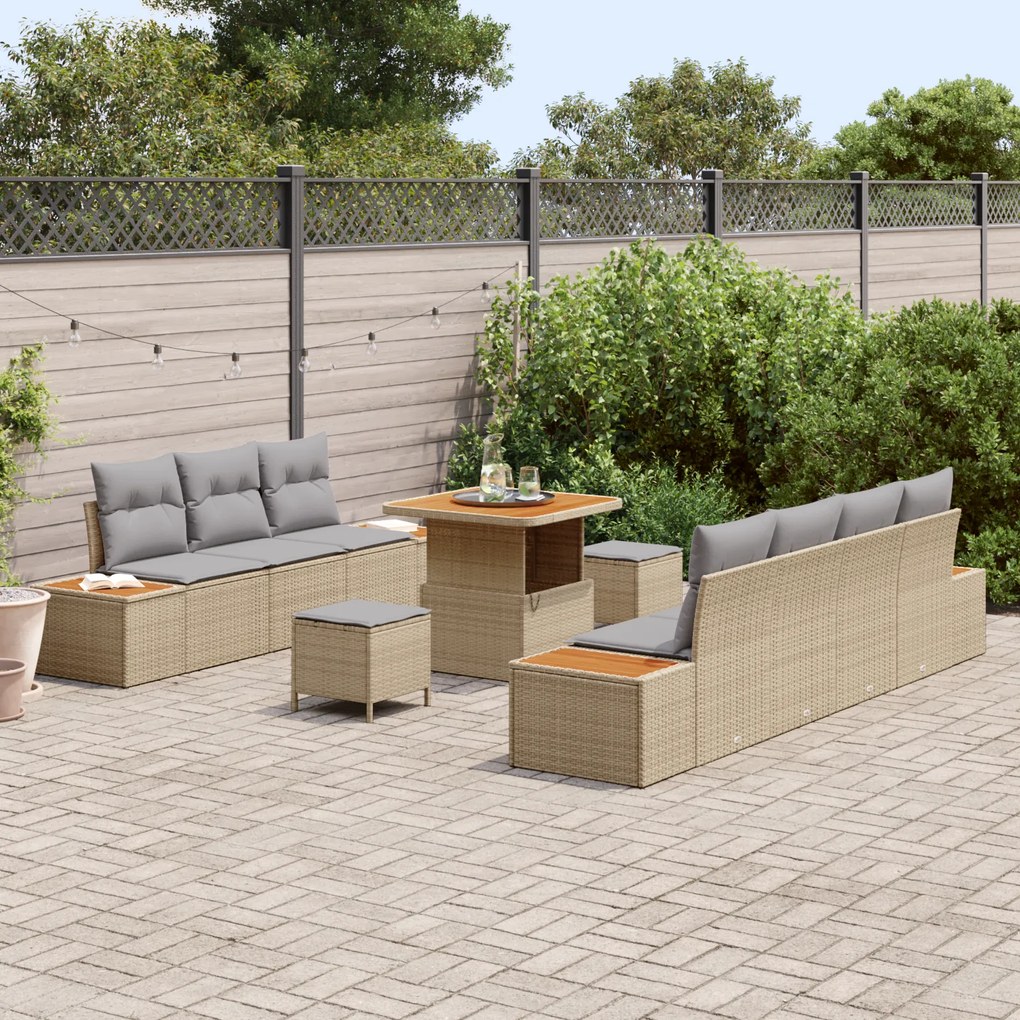 Conjunto de Sofá de Jardim vidaXL 10 peças com Almofadas Bege Rattan A