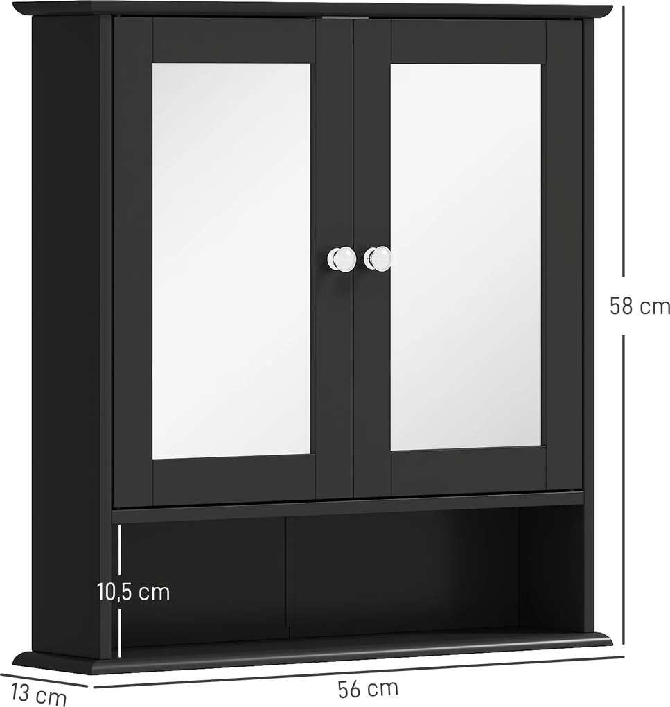 Armário de Casa de Banho com Espelho Armário de Parede com 2 Portas Prateleira Aberta e Ajustável 56x13x58cm Preto