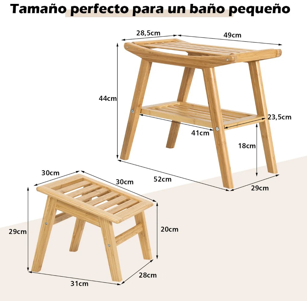 Conjunto de banco de duche e apoio para os pés em bambu Banco de casa de banho com prateleira inferior Assento de duche sólido 52 x 29 x 44 cm Natural