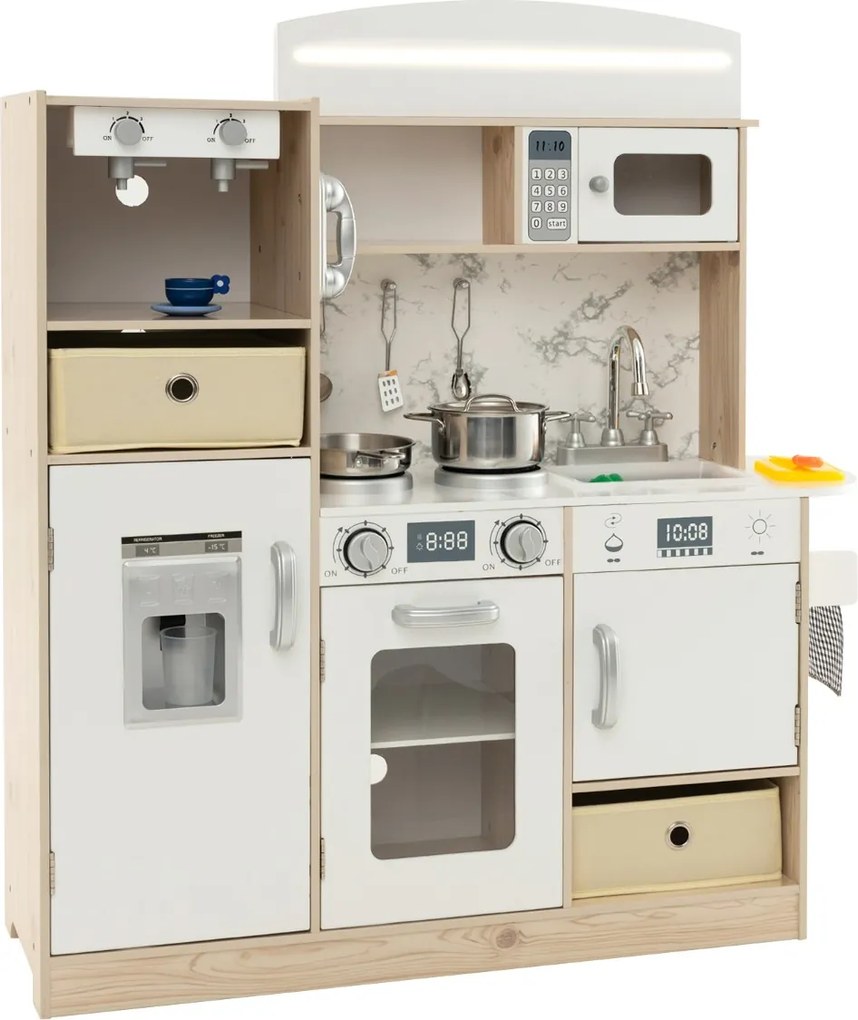 Cozinha infantil brincar em madeira 90 x 29 x 90 cm com luzes LED ajustáveis Bandejas e prateleiras de tecido removíveis Branca + Natural