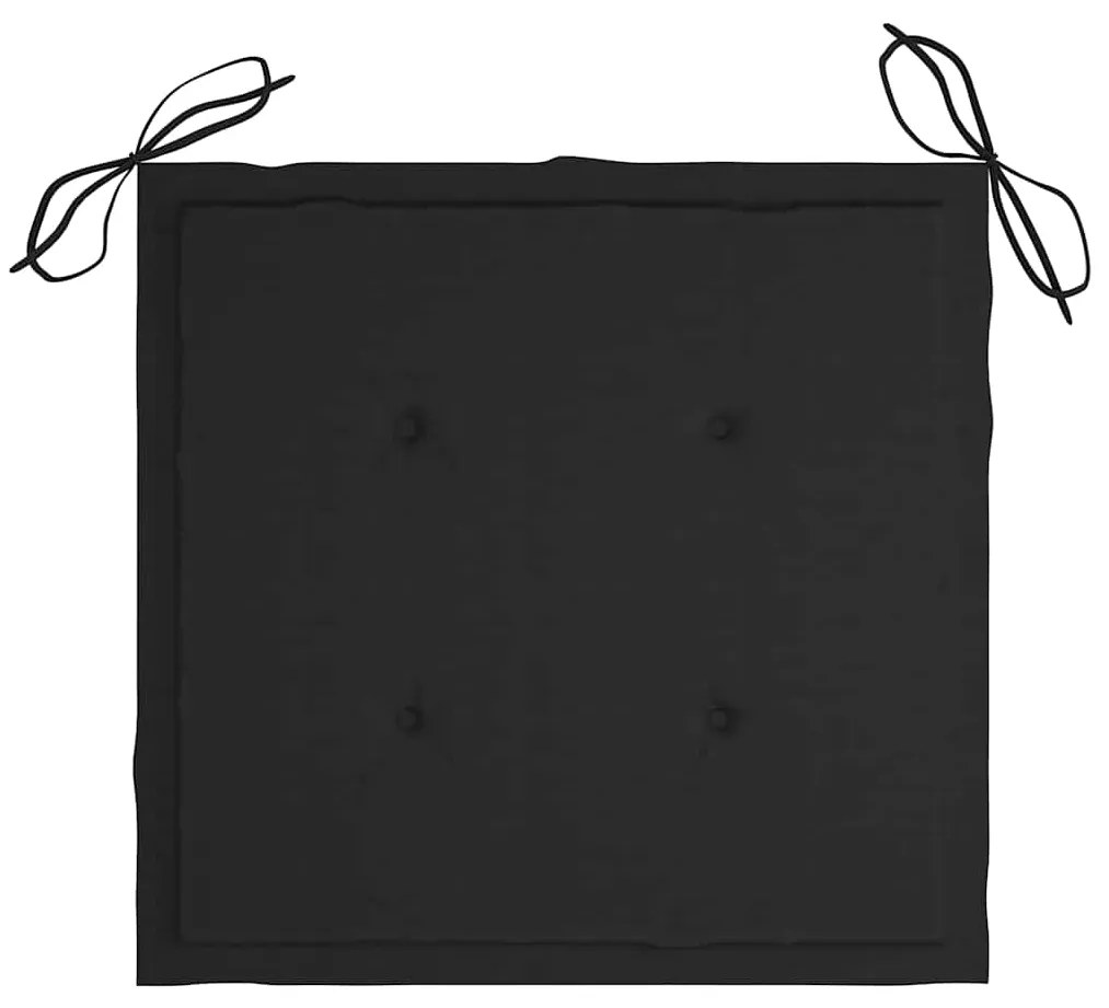 Cadeiras de jardim c/ almofadões pretos 3 pcs teca maciça