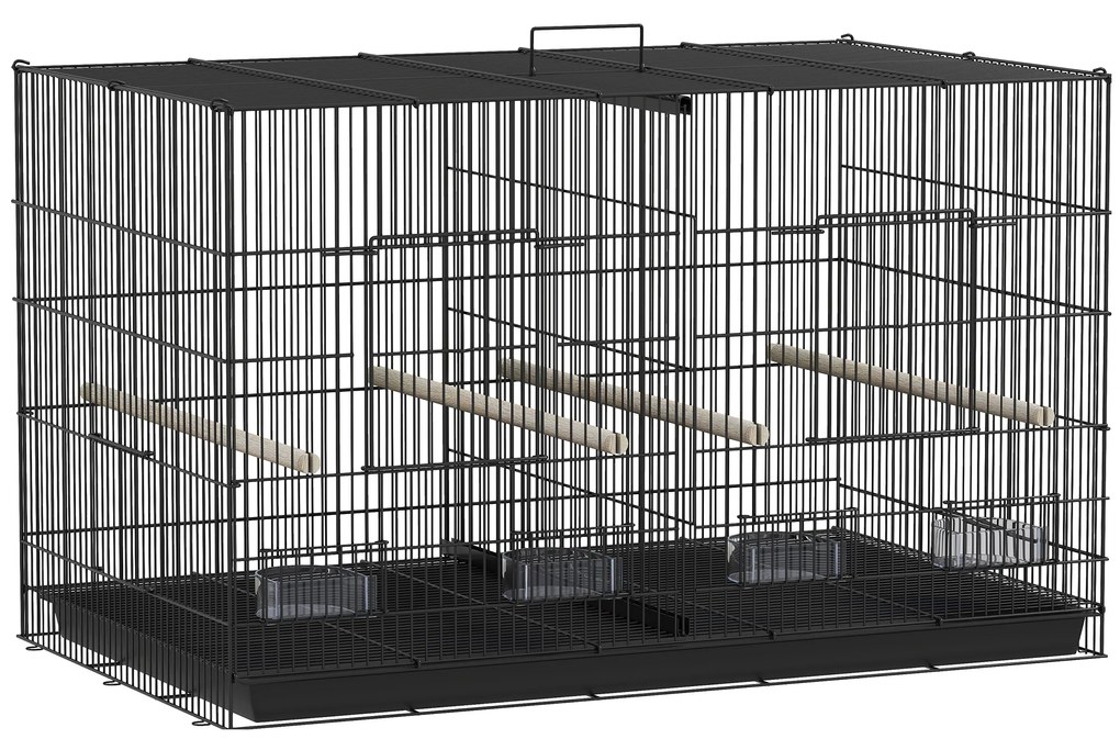 PawHut Gaiola para Pássaros com Divisória com Comedouros Poleiros e Bandeja Removível 94x57x57 cm  Preto