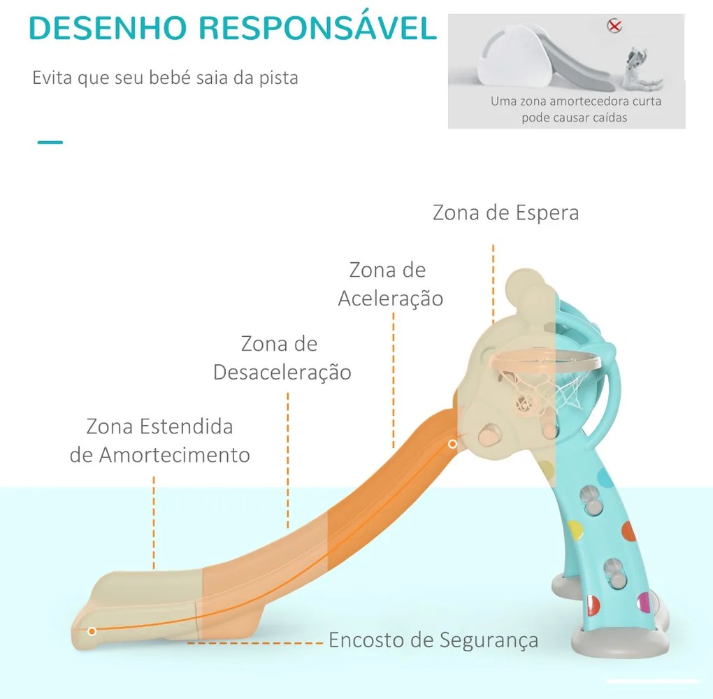 Escorrega Infantil Dobrável com Cesta de Basquetebol para Crianças acima de 18 meses Modelo Girafa para Interiores e Exteriores 140x87x75cm Azul e Cin