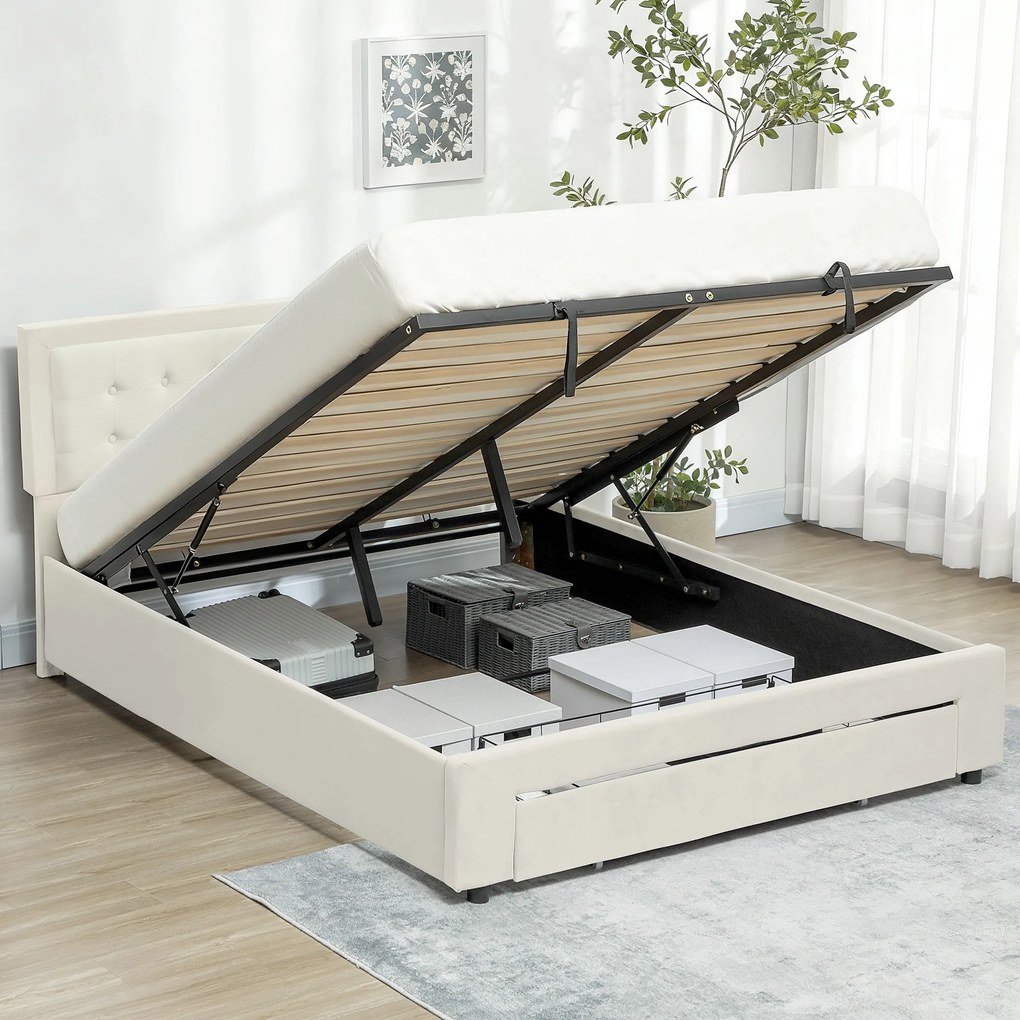 Cama de Casal com Estrado-Baú, 203,5 x 145 x 104 cm (COLCHÃO NÃO INCLUIDO), Arrumação sob a Cama, Creme