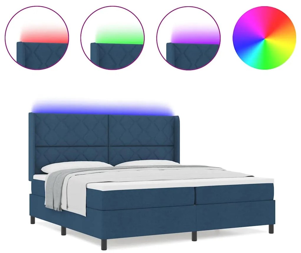 Cama Box com Colchão &amp; LED Azul 200x200 cm Tecido