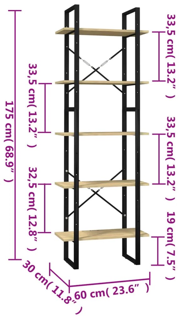 Estante com 5 prateleiras 60x30x175 cm madeira de pinho