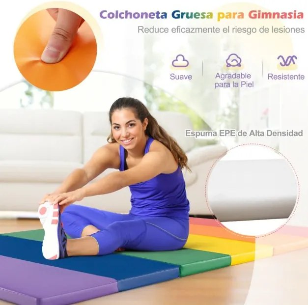Tapete de ginástica triplo dobrável para crianças com pegas de transporte para treino de ioga aeróbico 180 x 120 x 4 cm Multicolor