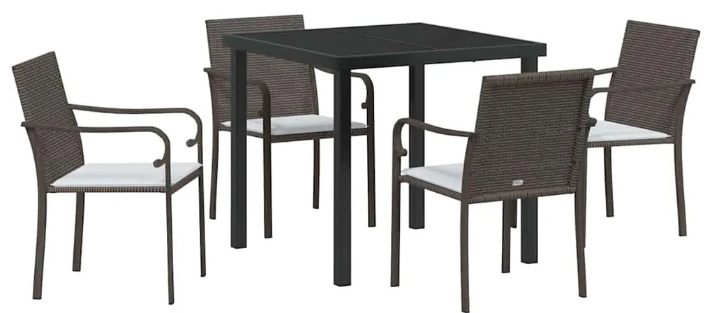 Conjunto de jantar de jardim com 5 peças e almofadas em vime marrom.
