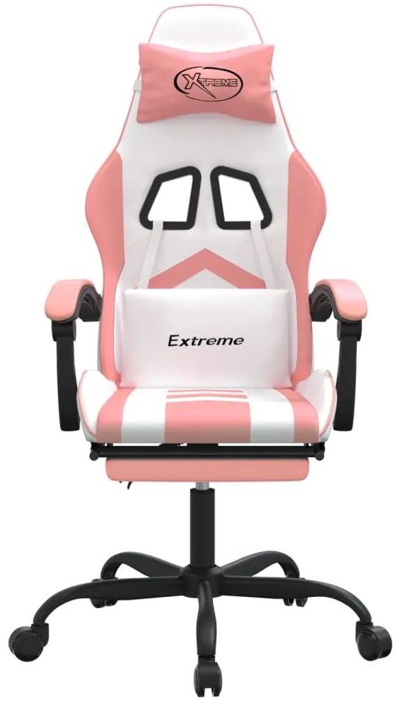 Cadeira gaming giratória c/ apoio pés couro artif. branco/rosa