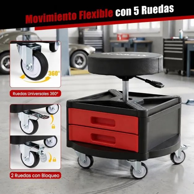 Banco de Oficina com Rodas, 51,5 x 51 x 45-58 cm, Altura Ajustável, Vermelho+Preto