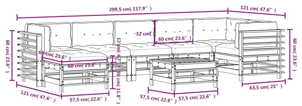 8 pcs conj. lounge jardim c/ almofadões madeira douglas maciça