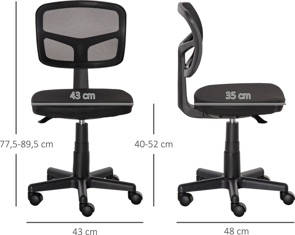 Cadeira de Escritório Operativa Giratória 360° com Altura Ajustável Suporte Lombar 43x48x77,5-89,5cm Preto