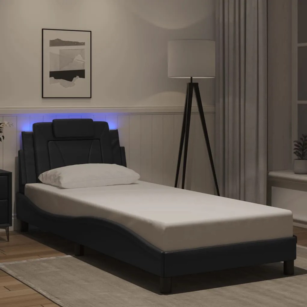 Estrutura de cama c/ luzes LED 90x200 cm couro artificial preto