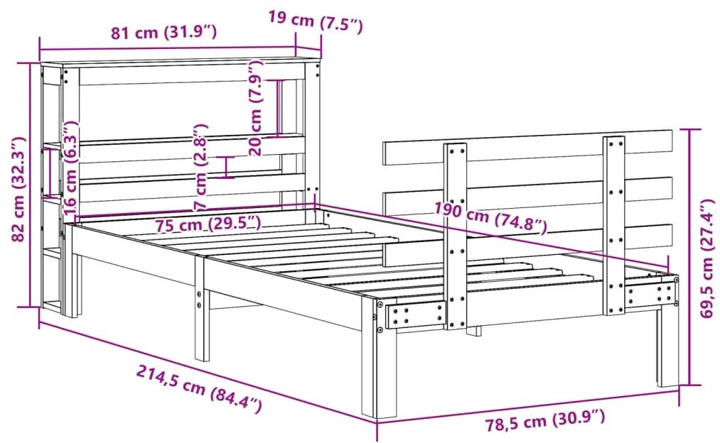Estrutura cama c/ cabeceira 75x190 cm pinho maciço castanho-mel