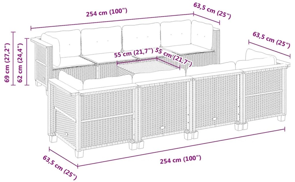 9 pcs conjunto de sofás p/ jardim com almofadões vime PE bege