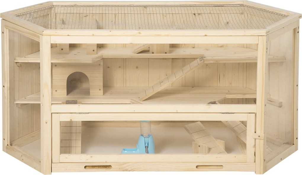 Gaiola para hamsters com 3 níveis, balancins, janelas, casinhas, tabuleiro deslizante, 115 x 60 x 55 cm, efeito de madeira natural