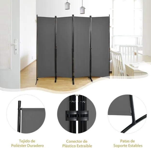 Biombo de 4 painéis Divisória dobrável Divisória de paredes de fibra Proteção de privacidade 220 x 51 x 173 cm Cinza