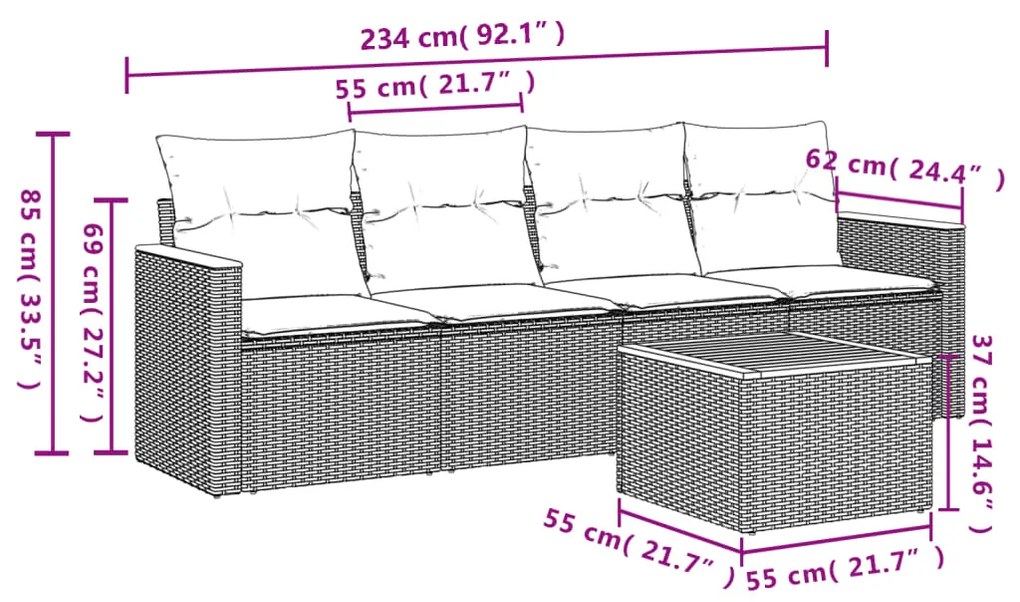 5 pcs conjunto de sofás p/ jardim com almofadões vime PE bege