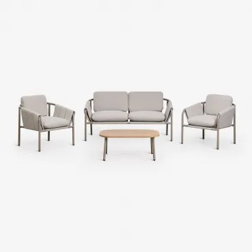 Conjunto De Jardim Com Sofá De 2 Lugares, 2 Poltronas Estofadas E Mesa De Centro Em Aço Zunika Moka Brown - Sklum