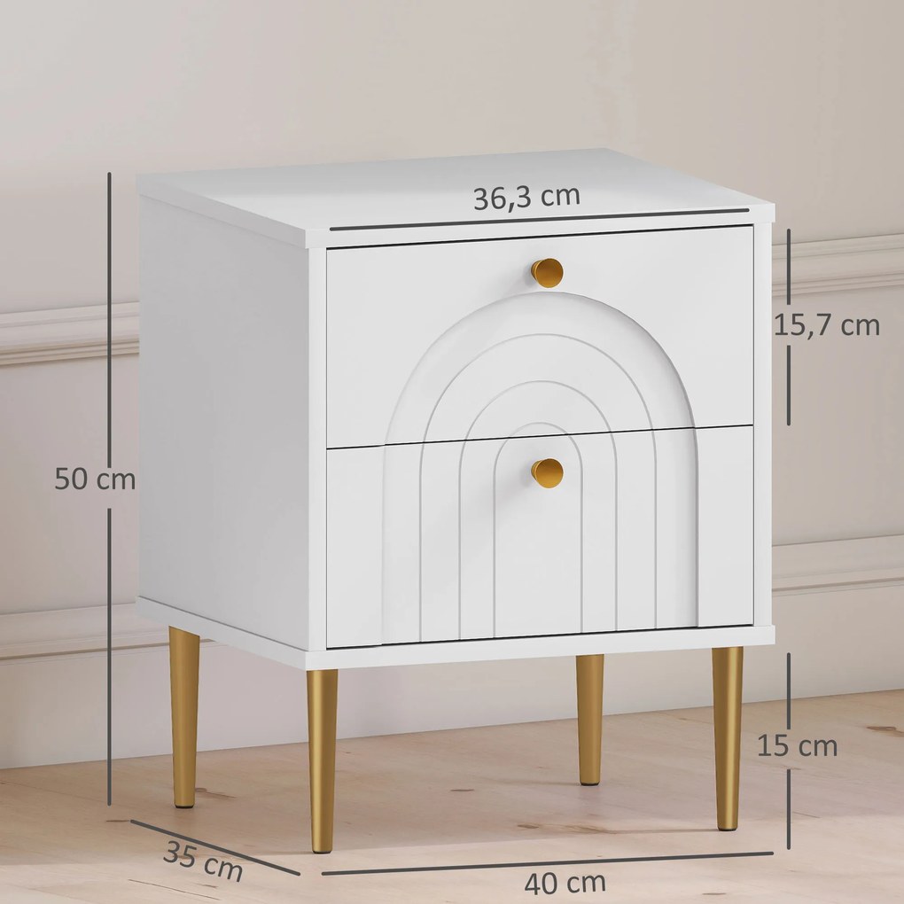 Conjunto de 2 Mesas de Cabeceira com 2 Gavetas e Pés de Aço Estilo Moderno 40x35x50 cm Branco