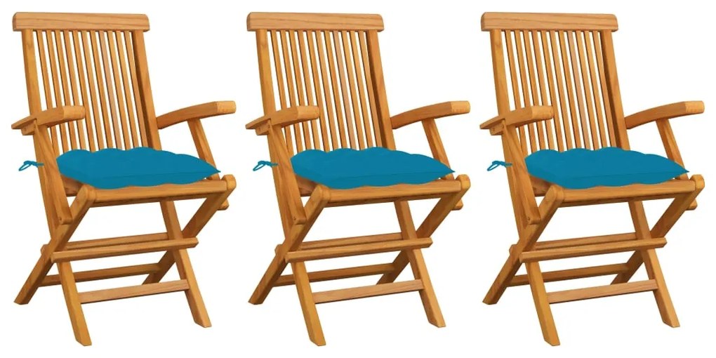 vidaXL Cadeiras de jardim c/ almofadões azul-claro 3 pcs teca maciça